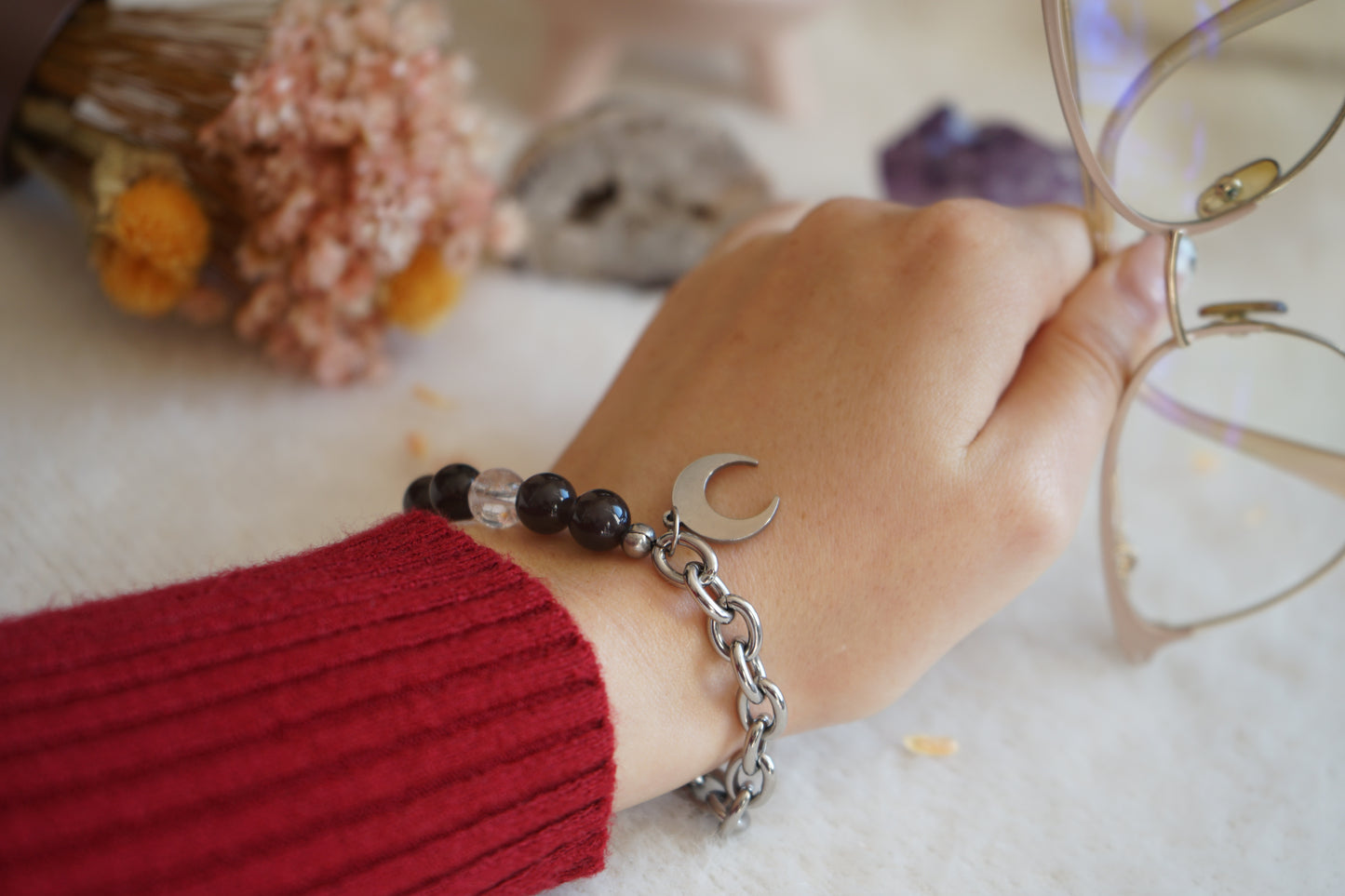 Bracelet Eva : Obsidienne et Cristal de Roche