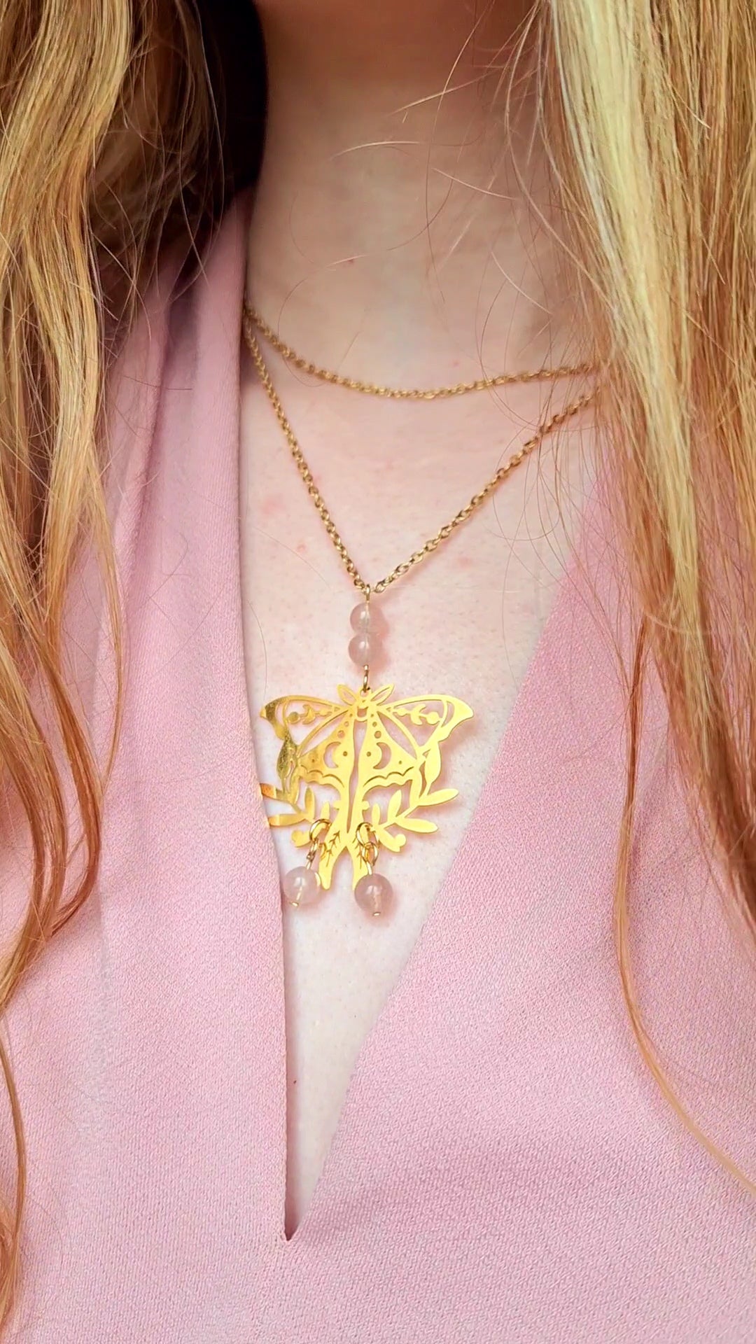 Collier Papillon Spirituel en quartz rose